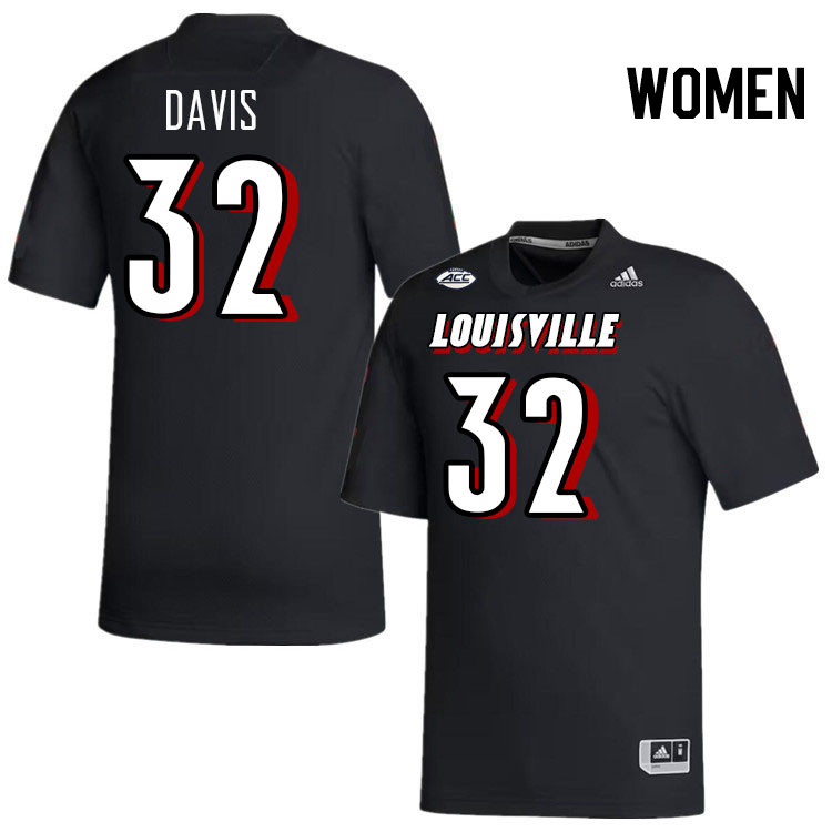 Women #32 Jurriente Davis Louisville Cardinals College Football Jerseys Stitched-Black